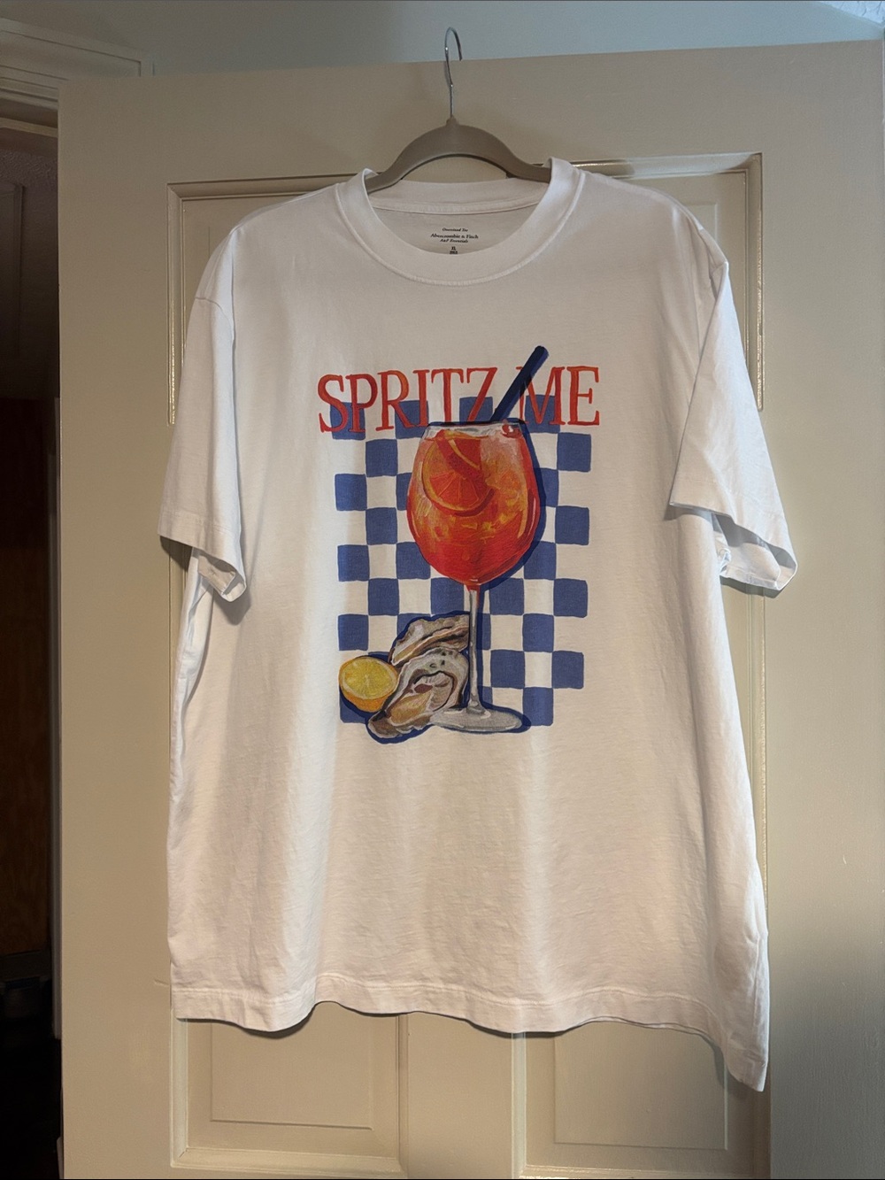 Abercrombie & Fitch White Short-Sleeve 'Spritz Me' Graphic Tee with Blue Check